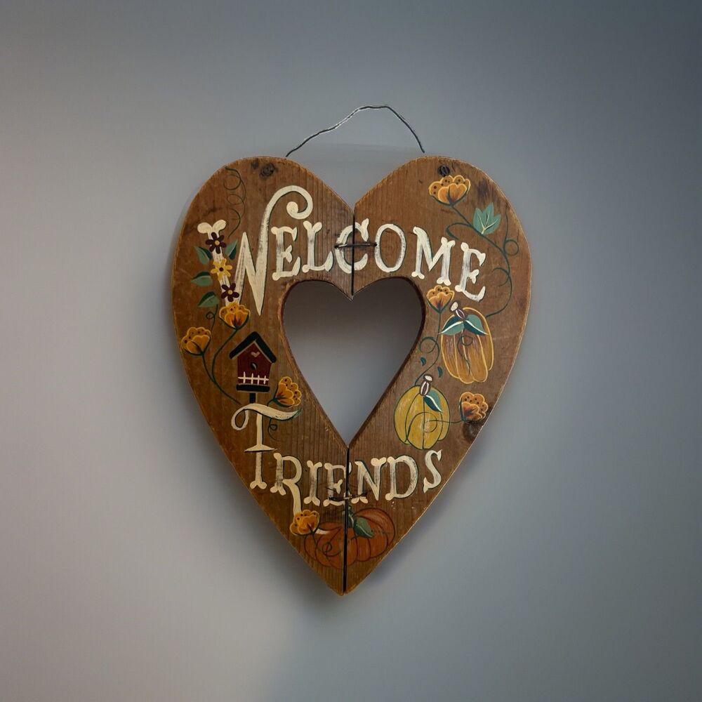 Primitive Wood Welcome Friends Fall Hanging Heart Sign Floral Pumpkin Cottagecor